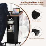 Podium Stand with Metal Wheels, Wooden Pulpit with 15° Tilted Desktop and Storage Cabinet, Built-in Cable Hole Lectern Desk