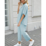 SeeLuNa Women's Two Piece Outfits 3/4 Batwing Sleeve Capelet Crew Neck Pullover Top Wide Leg Pants Lounge Set(Blue-Green,S)