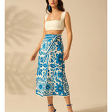 Talakeno Womens Floral Wrap Midi Skirt Summer Adjustable Tie Side Casual High Waist A Line Beach Boho Long Flared Skirts(Blue,S)