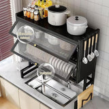 Large 3-Tier Over Sink Dish Drying Rack with Flip-top Door,Dish and Bowl Rack,Double-Layer Design,for Kitchen Storage and Organization,for Dishes,Glasses,Bowls,and Cutlery (Black, 75cm/29.5in)