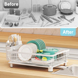 Dish Drying Rack - Space Saving Dish Rack - Dish Racks for Kitchen Counter with Drainboard, Rustproof Dish Drainer with Removable Utensil Holder, White