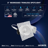 LUXRITE 3 Inch Trimless LED Recessed Spotlight, 15W, 1100LM, 5CCT Selectable 2700K-5000K, 60° Beam Angle, Dimmable, Push-n-Lock Spotlight, CRI90, Damp & IC Rated, Plaster Downlight, ETL White (4 Pack)