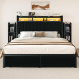 Lazmvlz King Size LED Bed Frame with Upholstered Headboard, 2 Storage Cabinets & 2 Drawers, Platform Bed with Charging Station, No Box Spring Needed, Easy Assembly, Black
