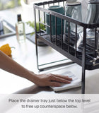 YAMAZAKI Home Tower Two-Tier Adjustable Dish Drainer Rack, Compact Drying Rack with Hooks, Utensils Holder - Steel -
