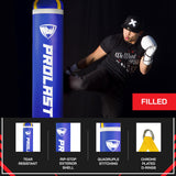 PROLAST Heavy Punching Kicking Bag for Adults, Boxing, MMA, Martial Arts, Muay Thai, Strength Training Equipment, Filled, 5ft, 100 lbs, Vertical Logo, Blue