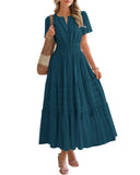 BTFBM Womens Summer 2026 Casual Midi Maxi Dresses Lightweight Short Sleeve V Neck Elastic Waist Boho Beach Dress Pockets(Lake Blue, XX-Large)