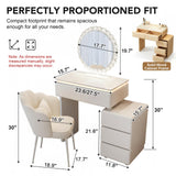 Quvex 27.5" Compact Makeup Vanity Desk with LED Sunburst Mirror & Ambient Light, Sintered Stone Top Vanity Table, 4 Drawers, Petal Chair, Extendable & Reversible Dressing Table, White