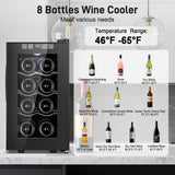 Tylza 8 Bottles Wine Fridge, Wine Cellar with Low-E Tempered Glass Door, LED Touchscreen, Lock, Frost Free, No Vibration, Wine Cooler Refrigerator, Black