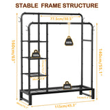 Double Rods Clothes Rack Clothing Rack with 4 Tier Storage Shelves Clothes Rack for Hanging Clothes Multifunctional Heavy Duty Clothes Organizer with Hooks for Bedroom,Wardrobe Closet,Shop,Black