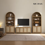 SICOTAS 84.2" Tall Arched Bookcase with Doors - 5 Tier Rattan Bookshelf