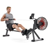 Sunny Health & Fitness Premium Smart Air & Magnetic Resistance Rowing Machine, Foldable Long Silding Rail Exercise Rower for Home Training