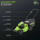 Greenworks 80V 21" Brushless Cordless (Push) Lawn Mower (75+ Compatible Tools), (2) 2.0Ah Batteries