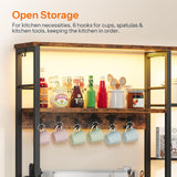 HOOBRO Bakers Rack with Power Outlet and LED Light, Microwave Stand with Sliding Barn Door, Coffee Bar Cabinet with 6-S Hooks, Kitchen Storage Shelf with Cabinet, Rustic Brown and Black BF23UDHB01
