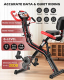 pooboo Folding Exercise Bike - 4-in-1 Magnetic X-Bike, Foldable Upright Indoor Cycling Stationary Bike with 8-Level Resistance, Pulse Sensor, Arm Resistance Bands, Back Support Cushion & Bottle Holder - Home Gym Workout Equipment