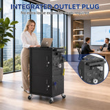 Mobile AV Cart Heavy Duty Computer Cart with 2 Locking Cabinets Rolling Media Cart with Outlets Pegboard Hooks Lock Brake Wheels Mobile Computer Workstation Perfect for Home Office