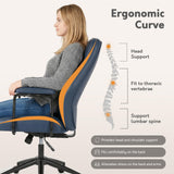 Blue Leather Office Desk Chair with Wheels and Arms, Height Adjustable