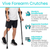 Vive Forearm Crutches (Pair) - Adjustable, Lightweight Arm Crutches Forearm for Adults - Ergonomic Arm Crutch Cuff and Comfortable Handles - Heavy Duty Crutches Non Slip Skid Replaceable Rubber Tips