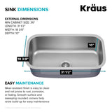 Kraus 31 1/2 Inch Stainless Steel Kitchen Sink, Durable 18 Gauge Single Bowl Kitchen Sinks Undermount, KBU14