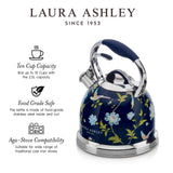 VQ Laura Ashley Elveden Navy 3L Stainless Steel Tea Kettle Stovetop Whistling Teapot for Induction, Gas Hob or others. Silicon Coated Cool Handle & Push Button Mechanism Vintage Stove Top Kettle