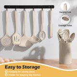 15-Piece Kitchen Cooking Utensils Set with Holder, Homikit Heat Resistant Food Grade Silicone Kitchen Utensils include Slotted Spatula- Khaki