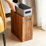 3 Gallon Solid Acacia Wood Trash Can with Liner & Handles, Small Narrow Rectangular Wooden Garbage Bin, Decorative Waste Basket for Bathroom, Bedroom, Kitchen, Living Room, Office
