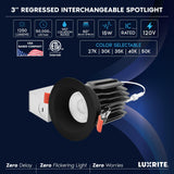 LUXRITE 3 Inch LED Regressed Canless Spotlight + Round Black Interchangeable Trim, 5CCT 2700K-5000K, Twist N' Lock, Recessed Lighting, 15W, 1250LM, CRI90, Dimmable, 60° Beam, IC & Wet Rated (6 Pack)
