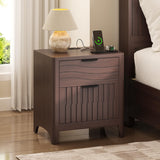 PIXOURA Fluted Nightstand with Charging Station, 21" Wide Modern Bedside Table with 2 Storage Drawers, Curved Corner & Metal Handle, Mid Century Night Stand End Side Table for Bedroom, Walnut