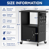 Mobile AV Cart Heavy Duty Computer Cart with Cabinet Push Handles Rolling Media Cart with Outlets Customized Pegboard & Hooks Multipurpose Utility Cart with Extra Storage Space