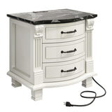 RECHHX Solid Wood Curved Nightstand with Charger Station, Water-Based Painted Bedside Tables with 3 Drawer Storage, Farmhouse End Table with Carved for Bedroom, Living Room, White