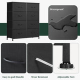 8-Drawer Dresser for Bedroom, Anti-Tip Tall Storage Organizer Chest of Drawers with Wooden Top and Metal Frame Fabric Bins for Closet, Living Room, Hallway, Entryway, Black