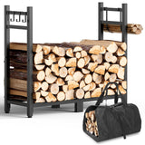 Brightown 34inch Firewood Rack Indoor with Log Carrier, Outdoor Wood Rack for Firewood,Fire Wood Storage with Kindling Hooks, Adjustable Pads, Heavy Duty Logs Holder for Fireplace Deck Outdoor, Black
