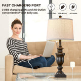 SAIWEYA 27.5" Vintage Farmhouse Table Lamps Set of 2 Bedside Lamp, 3 Way Dimmable Bedroom Lamps with 2 USB Ports +AC Outlet Nightstand Lamp Rustic Lamp