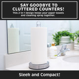 Stainless Steel Paper Towel Holder with Spray Pump – One-Handed Tear, Smart Traction System, 5 oz Sprayer Bottle, Heavy Duty Suction Cups, Weighted Base, Kitchen Towel Dispenser for Countertop Use