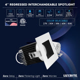 LUXRITE 4 Inch Recessed Light, Regressed Canless LED Spotlight, 5CCT 2700K-5000K CRI90, 22W, 1700 Lumens High Output, 60º Wide Flood, Square Black & White Baffle Trim, Dual Dimmable, IC & Wet (4 Pack)