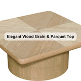 Modern Square Coffee Table with Cylindrical Base, Wood Coffee Table with Parquet Pattern & Thickened Tabletop, Center Table Tea Table for Living Room Apartment, 34.6''L×34.6''W×14.9''H, Natural