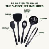5 Piece Cooking Utensil Set, Flexible Nonstick Silicone, Stain-Free, Tongs, Turner, Spatula, Skimmer, and Slotted Spoon, Black GreenPan