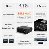 Beelink SER5 MAX Mini PC, AMD Ryzen 7 7735HS 24G LPDDR5 + 1TB NVMe M.2 SSD