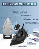 OMAIGA Steam Iron for Clothes, 1500W Iron with Rapid Heating, Non-Stick Ceramic Soleplate, Burst of Steam, Self-Cleaning, Auto-Off, Anti-Drip, 11.84oz Water Tank Ironing Clothes for Home, Black