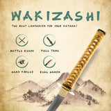 HMS Japanese Samurai Katana and Wakizashi Daisho Combo Set, Warrior and Fuji Tsuba, Hand Forged Heat Tempered, 1045 Carbon Steel, Black Wooden Scabbard