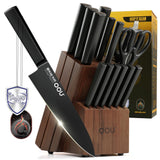 OOU Kitchen Knife Block Set - 15 Pieces High Carbon Stainless Steel Chef Knife Sets, Anti-Rust Black Knives Set with Built-in Sharpener Block, Brown