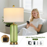Table Lamps Set of 2 with Touch Control, 3-Way Dimmable Nightstand Lamp with Vertical Grained Glass, 27" Modern Glass Bedside Lamps with USB A+C Ports, Green Bedside Table Lamps, Desk Lamp for Bedroom