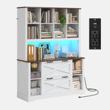 ADORNEVE Tall Farmhouse Bookshelf with Storage Drawers,White & Walnut