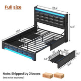 ADORNEVE Full Size Bed Frame with Storage Headboard & 4 Drawers, LED Bed Frame Full with Charging Station, Leather Upholstered Platform Bed Frame with Button Tufted, No Box Spring Needed, Black PU