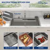 Sarlai 33 Inch Waterfall Kitchen Sink - 33x22 Inch Drop In Kitchen Sink Ledge Workstation Topmount Multifuctional Smart Stainless Steel 16 Guage Single Bowl Sinks Basin with Faucet