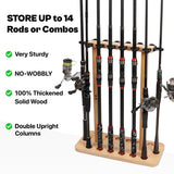VEYWANE Fishing Rod Storage Racks, 100% Wood Floor Stand Fishing Pole Holders for Garage of 14 Rods or Combos