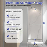 EASYWORC Frameless Pivot Shower Door 32"-34" W x 72" H, Swing Shower Glass Doors with Nano Explosion-Proof Film Tempered Glass 1/4"(6mm) Reversible Installtion, Brushed Nickel Finish