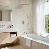 FAROLAN Brushed Gold Shower System with Tub Spout, Ceiling Mounted Bathtub Shower Faucet Set, 12" Rainfall Shower Head and Handheld Shower Combo, High Pressure Shower Fixtures Set with Rough-in Valve