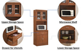 Hodedah Long Standing Kitchen Cabinet with Top & Bottom Enclosed Cabinet Space, One Drawer, Large Open Space for Microwave, Cherry