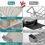Buruis Dish Drying Rack for Kitchen Countertop, Large Capacity Gold Stainless Steel Dish Drainer with Anti-Slip Rubber Feet, Removable Drain Board and Utensil Holder (White Tray)