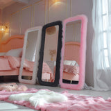 Anpark Full Length Mirror Free Standing Furry Faux Fur Framed Full Body Floor Mirror Wall Mounted Leaning Hanging Wall for Bedroom Hallway Entrance, 71"x32", Pink